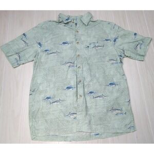 West Marine XL men's button front shirt cotton green blue fish print marlins +